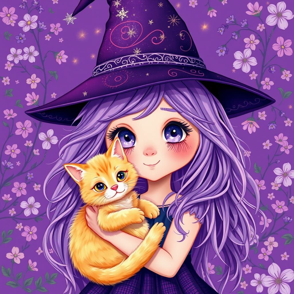 Whimsical Witch Girl with Pastel Hair and Lavender Blooms