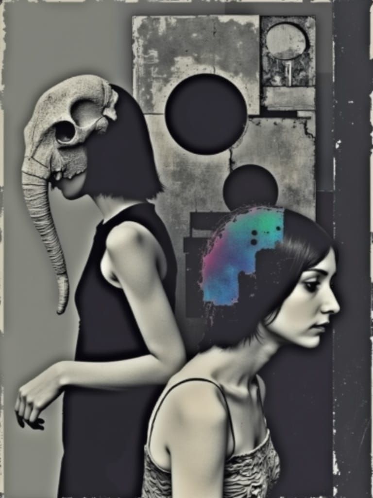 Humanoid Figure with Elephant Skull Helmet in Cyberpunk Land...