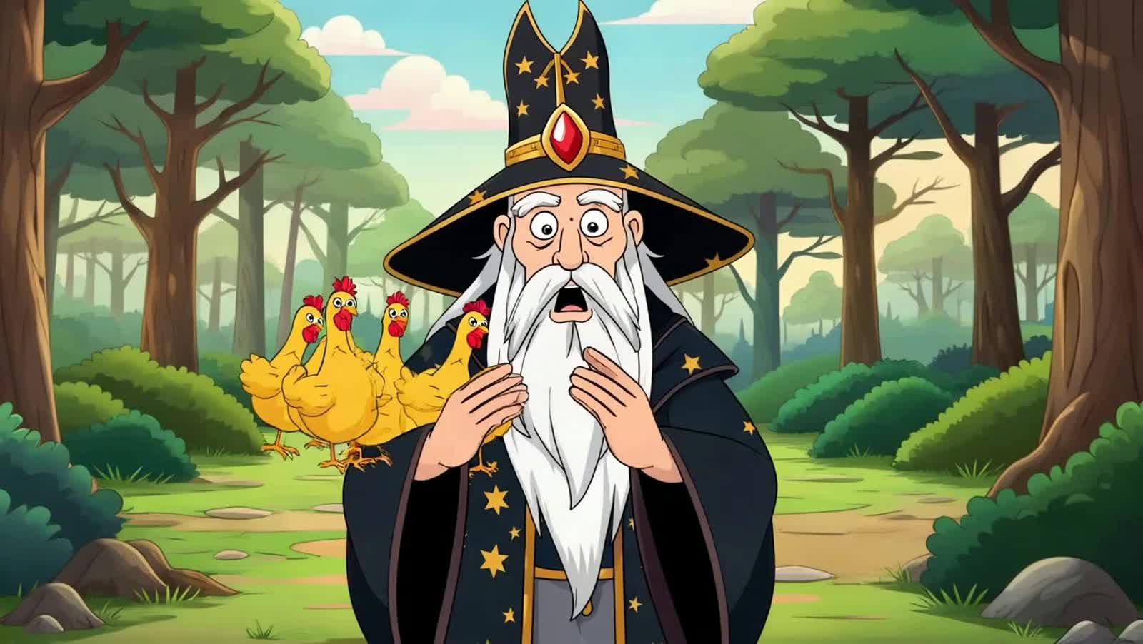 Anime style. A whimsical wizard with a long white beard, wearing a starry robe, accidentally conjures a flock of rubber ...