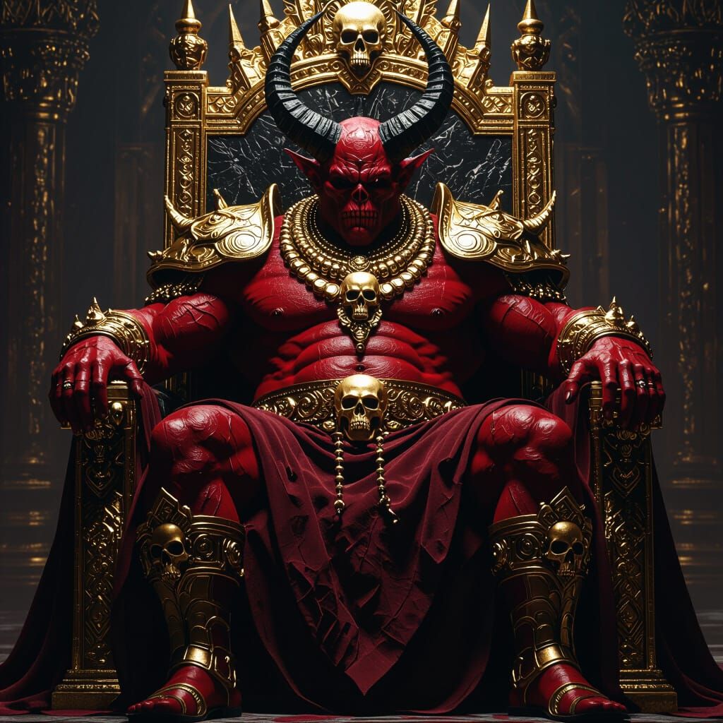 A massive demonic overlord sits on a throne of gold and obsidian, his body a terrifying fusion of a muscular horned demon with crimson skin ...