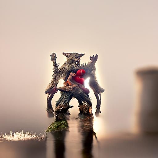red riding hood fight against drunk mad mushroom-werewolf in...