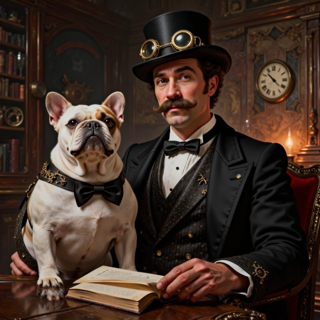 A distinguished gentleman with a magnificent handlebar mustache and wearing a tailored Victorian suit, complete with brass goggles and a top...