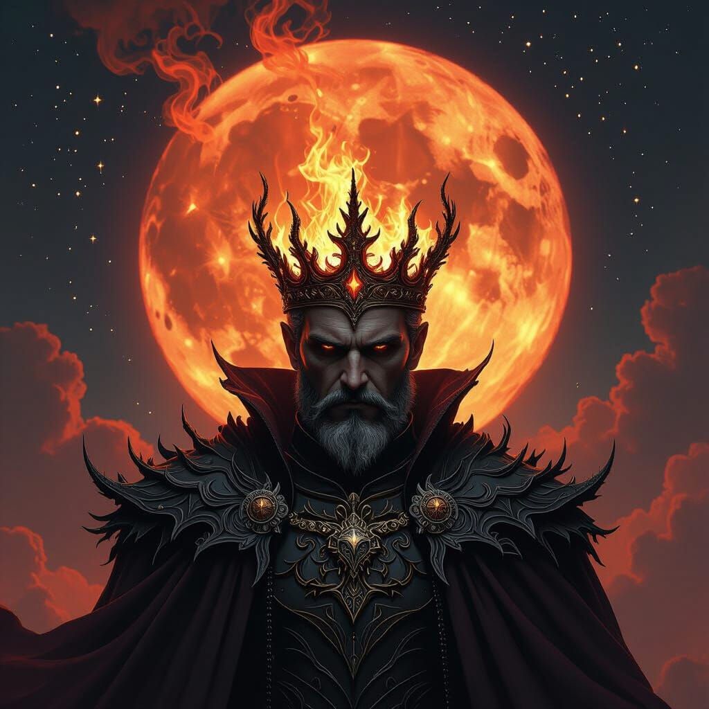 A dark king wearing a crown of fire and smoke, gothic fantasy, red moon background.”