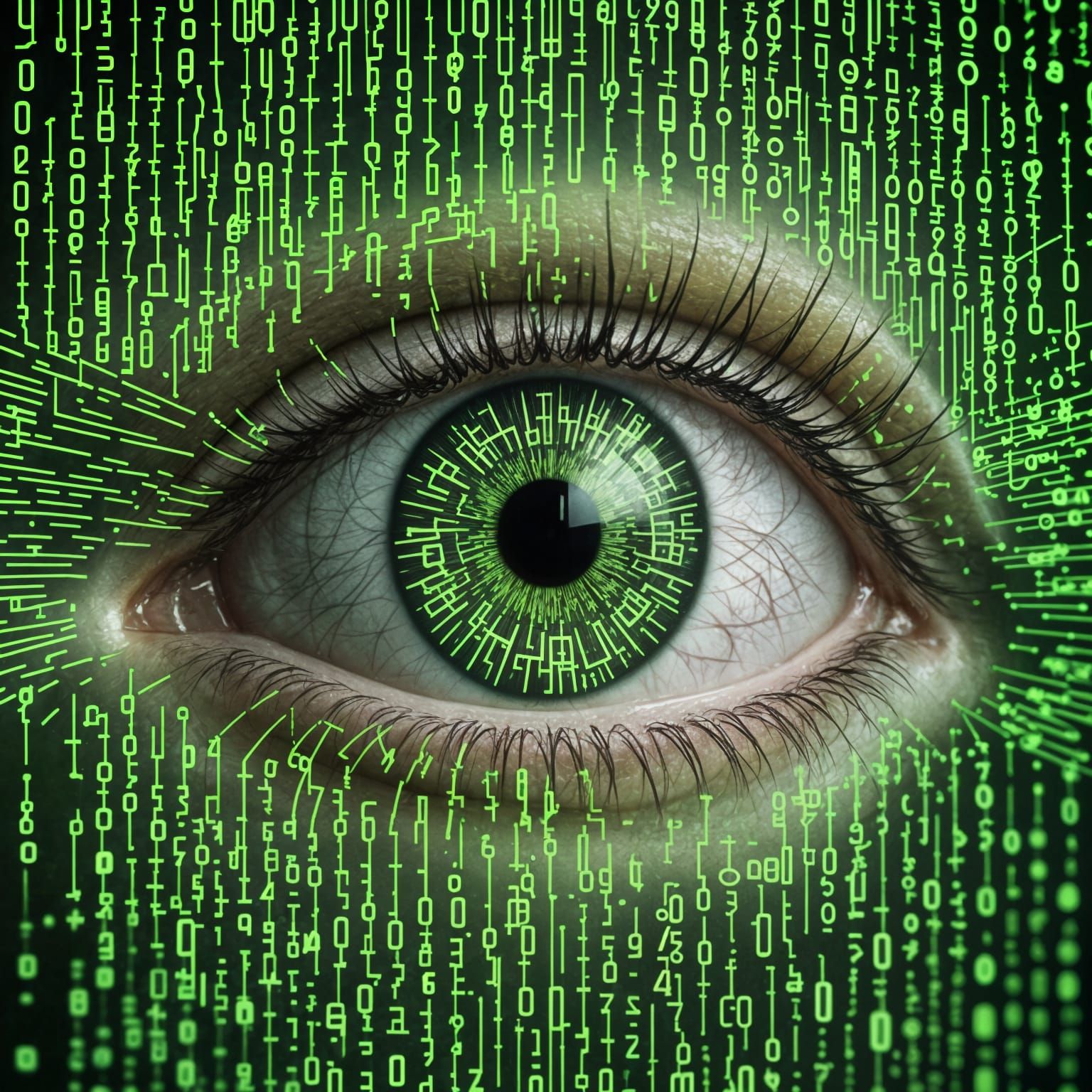 An eye made out of light green binary code 