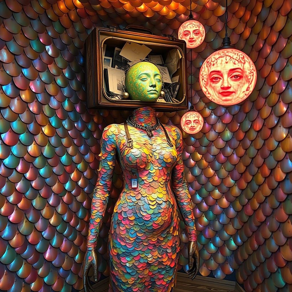 Gigantic Humanoid Woman in Melting Wax and Iridescent Fish S...