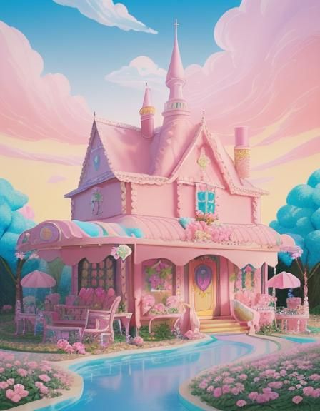 fantasy house made of cakes, pastries, ice cream, garden with colored ...