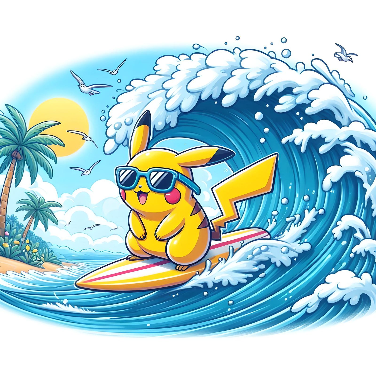 pikachu surfing on high waves