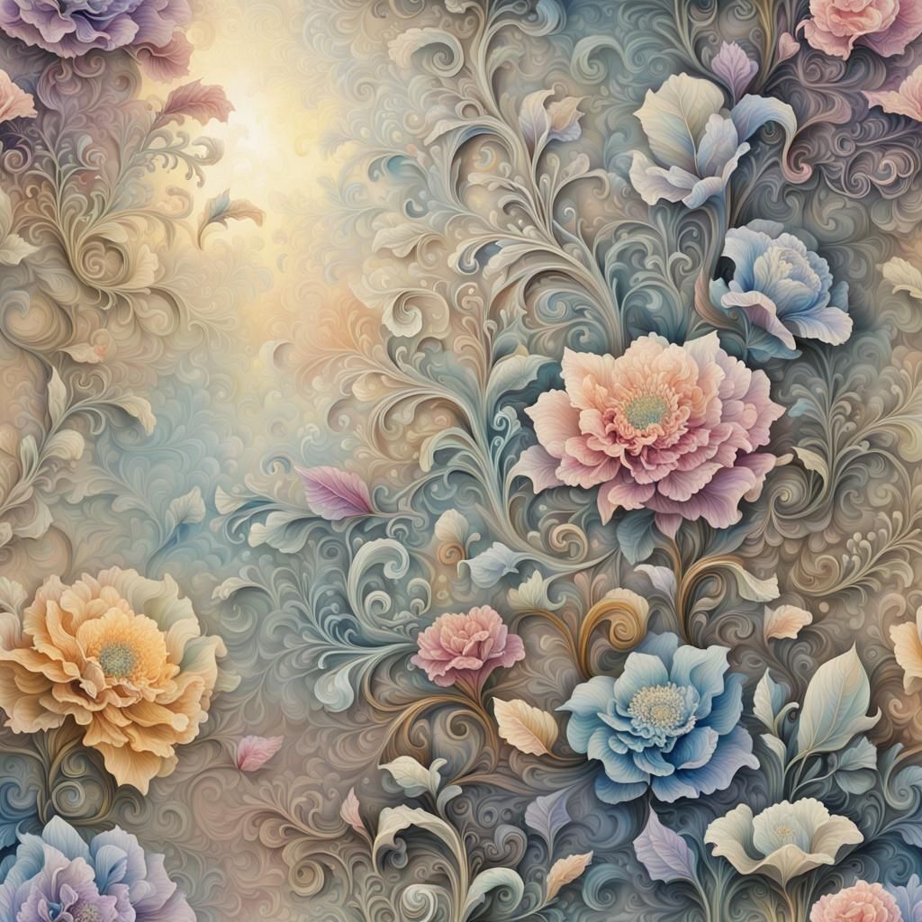 Rich pastel flowers with gradient petals. Leaves, vines and ...