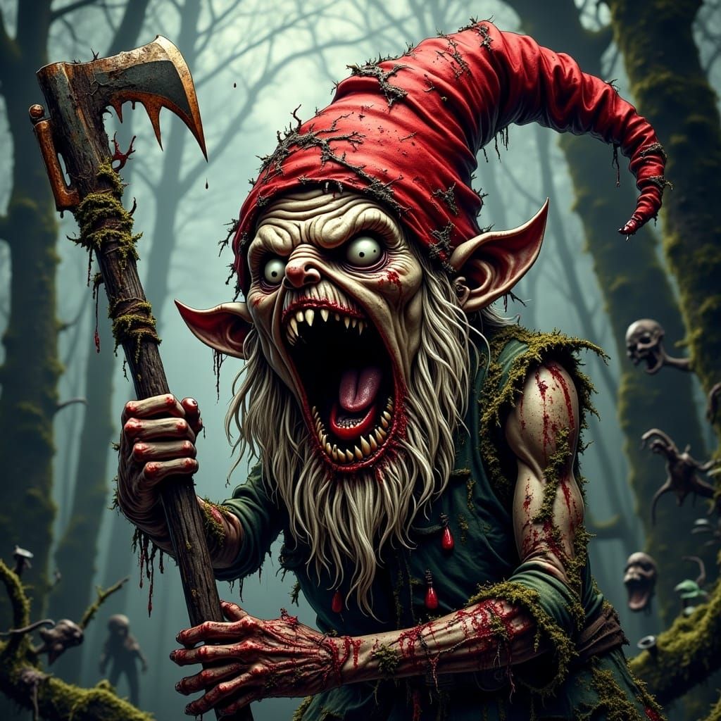 <lora:Screamo Flux Edition:0.5> Ultra-detailed UHDR illustration of a zombified gnome screaming screamo with evil sharp teeth. Its tradition...