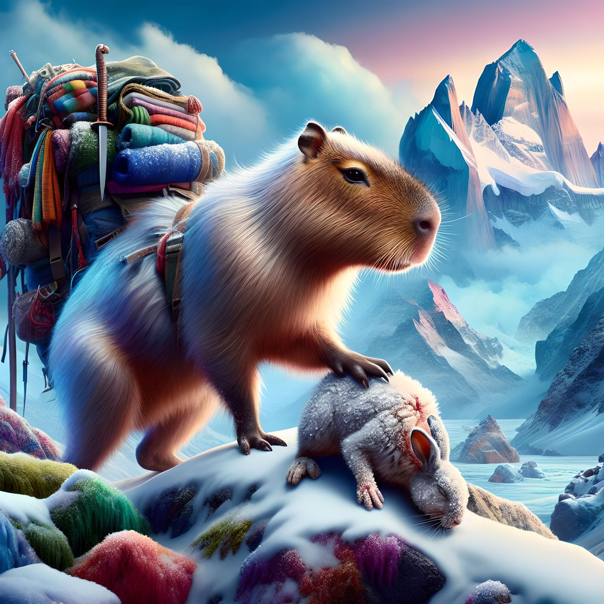 Capybara climbs Everest, she sees the body of a frozen rabbit who could not climb