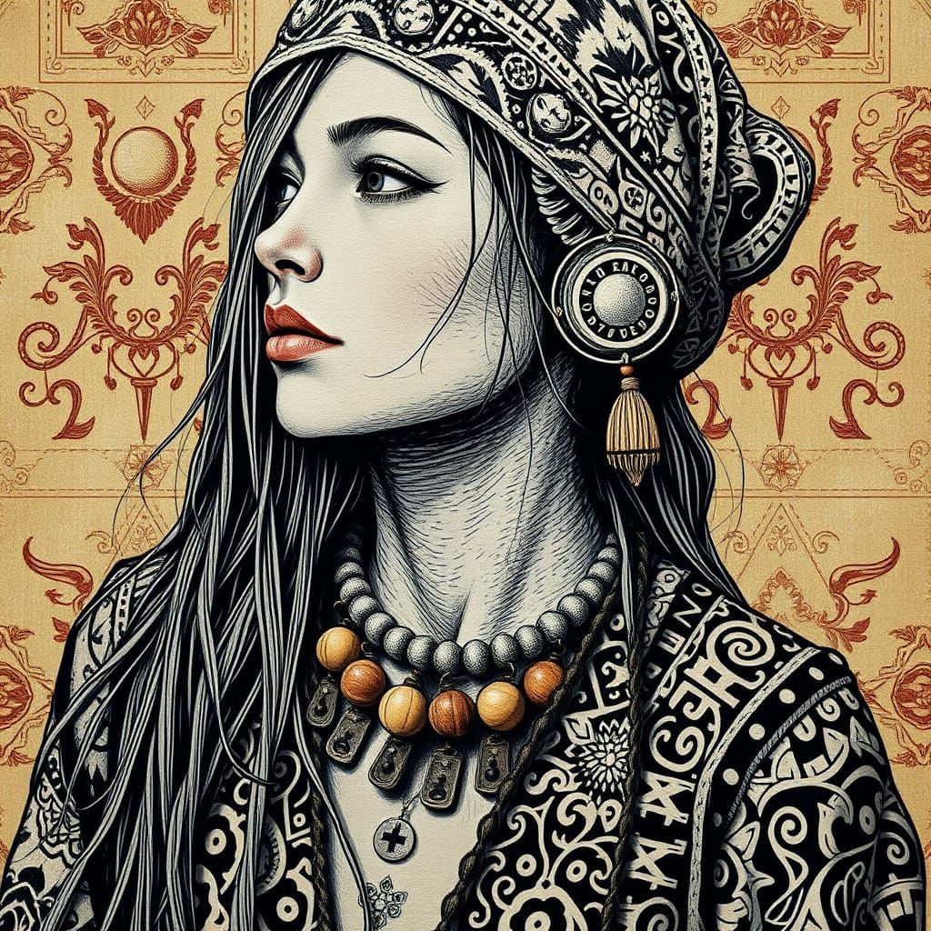 Melancholy Woman in Runic Textile Design