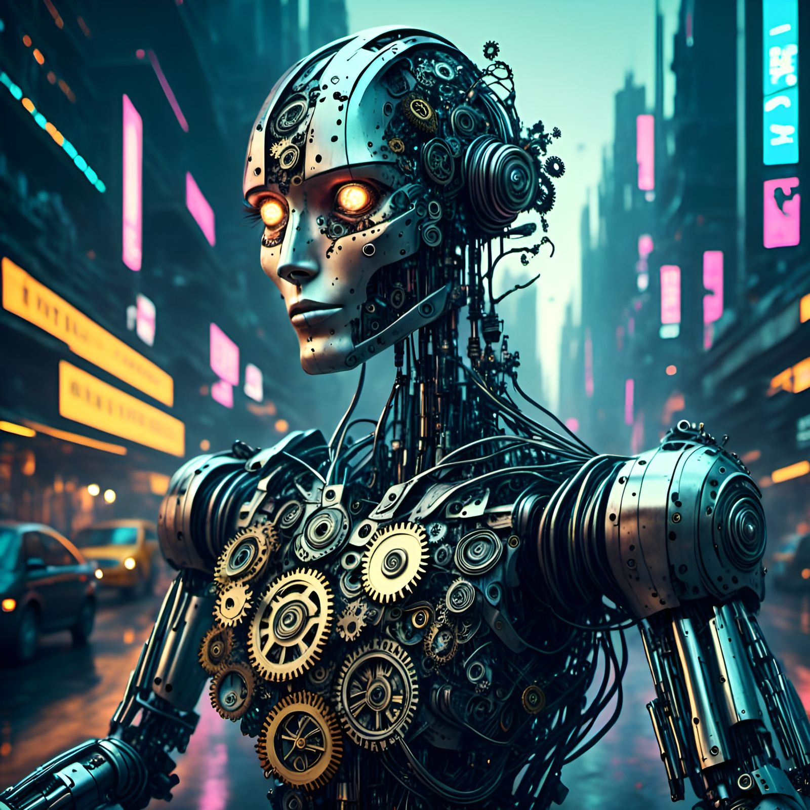 <lora:ROBOTICA:1.0> Portrait of robot with gears and oil in ...