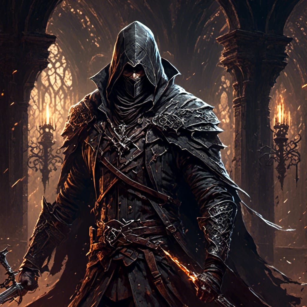 A masterpiece, a breathtaking view of an Epic Assassin in a gothic night scape background, reflective, RTX, video games, Cinematic Feel, ske...