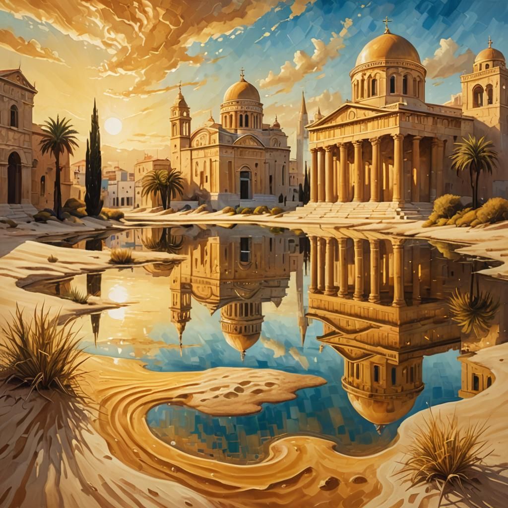 city of gold. deserts of Africa. oasis. greek architecture. lake side