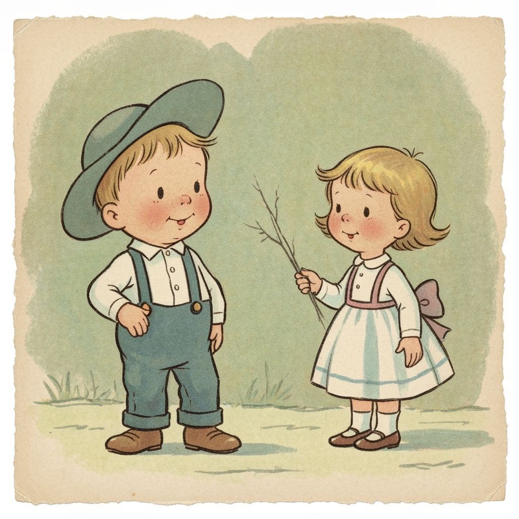 Vintage children's book illustration. A whimsical illustration of a little boy and a little girl with slightly frayed edges and muted pastel...