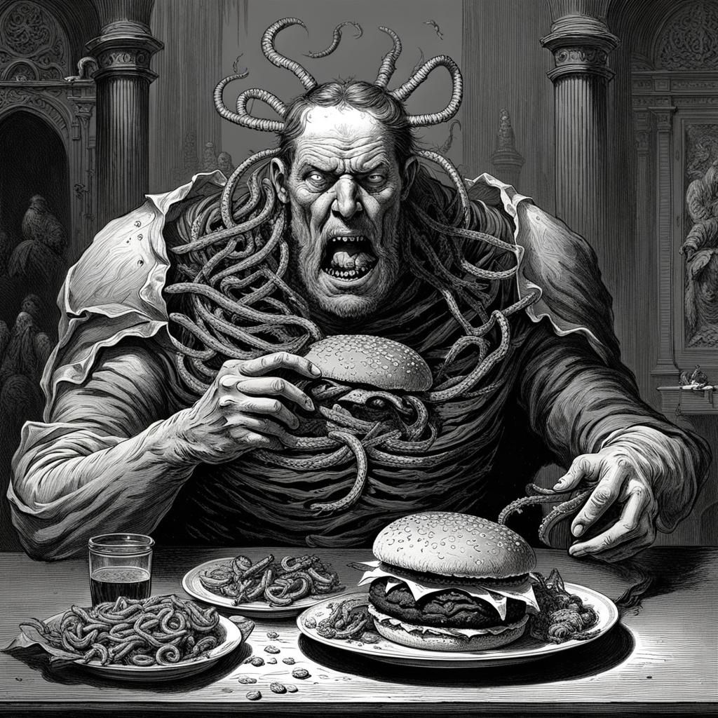Big guy eating a Hamburger. The meat in the burger has worms...