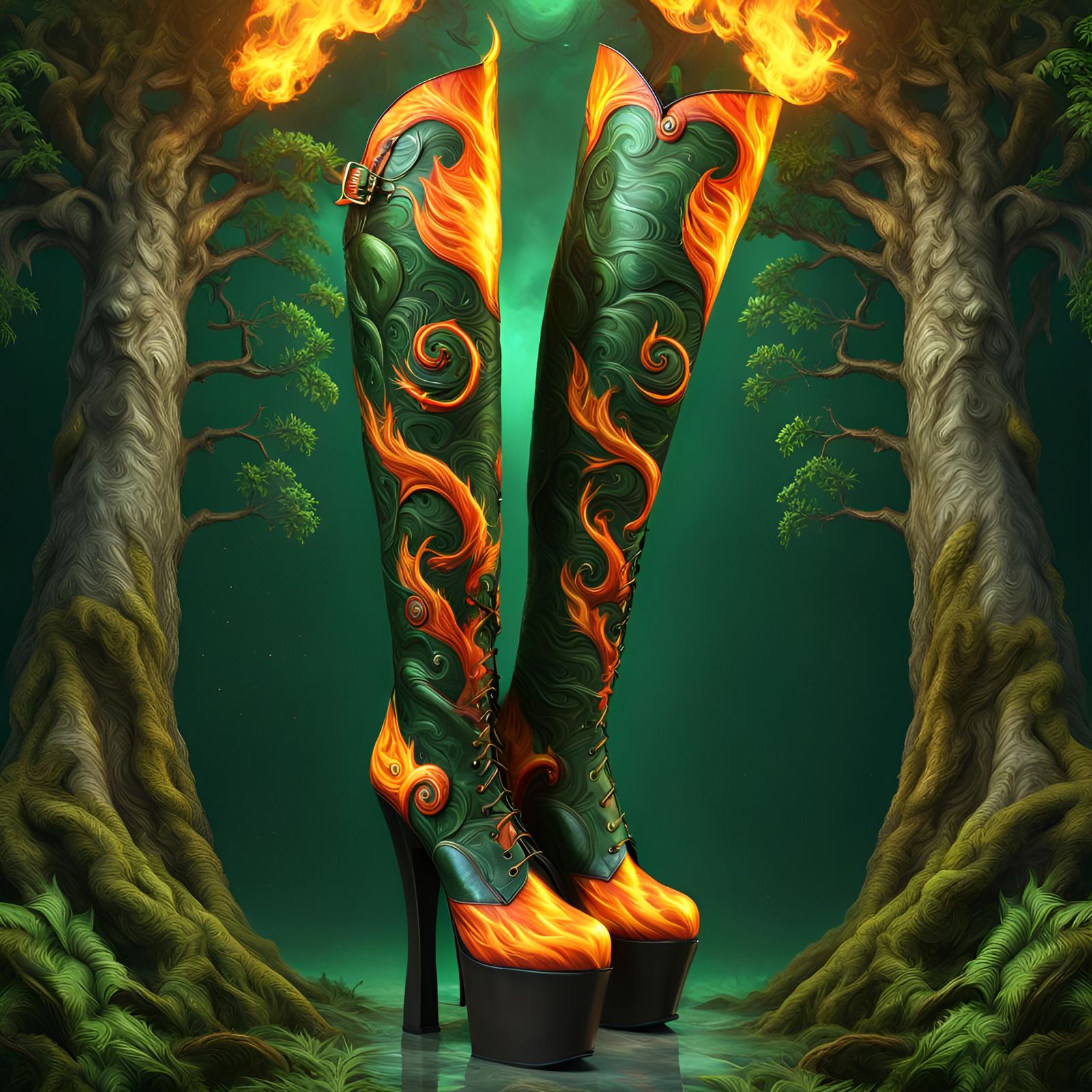 "a pair of platform knee high boots dark orange cornucopia snail platform shoes of flames with flames all around, hyperd...