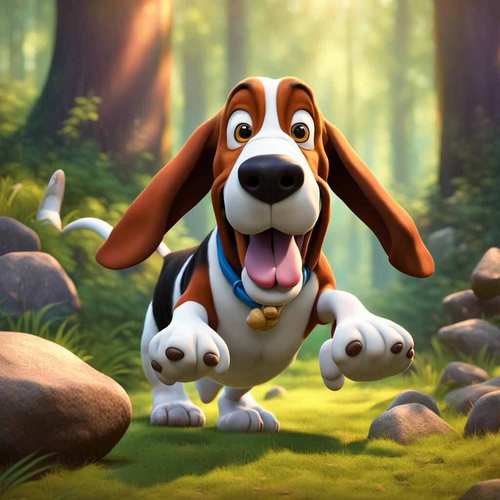 Happy, funny Basset hound with  big, goofy eyes. Long Tongue hanging out of his mouth. Tail waving, A big pile of differ...