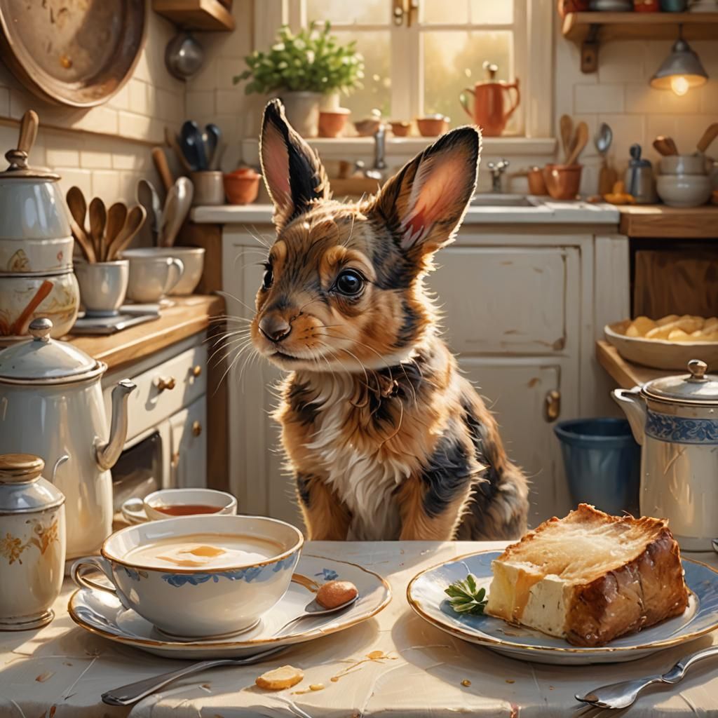 Whimsical Dog Lapping Milk: Storybook Oil Painting