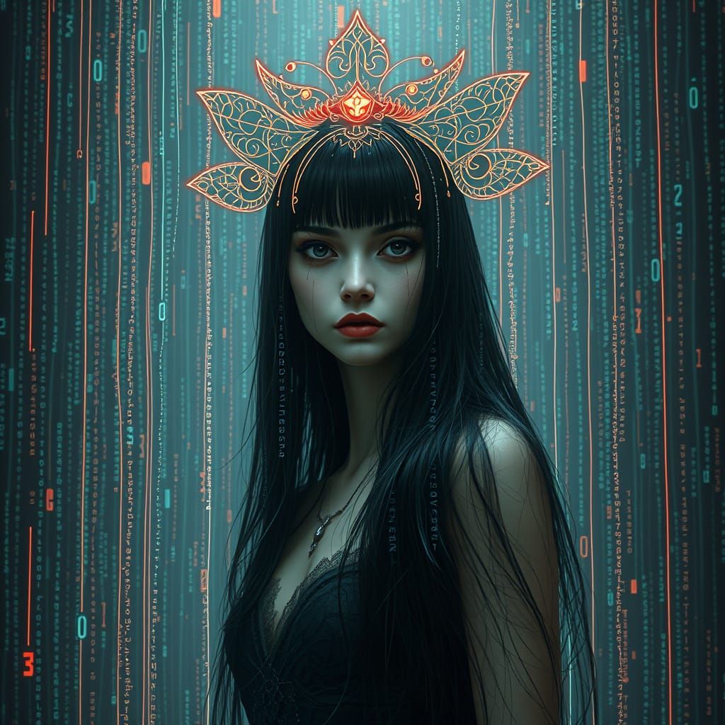 Into the matrix - Ethereal Woman in Digital Rain Matrix