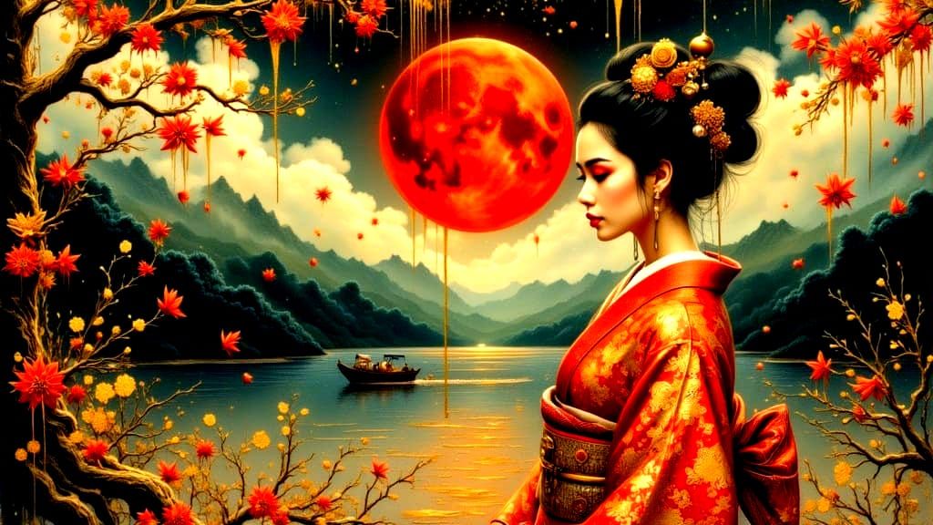 Young Asian Woman in Kimono with Red Moon