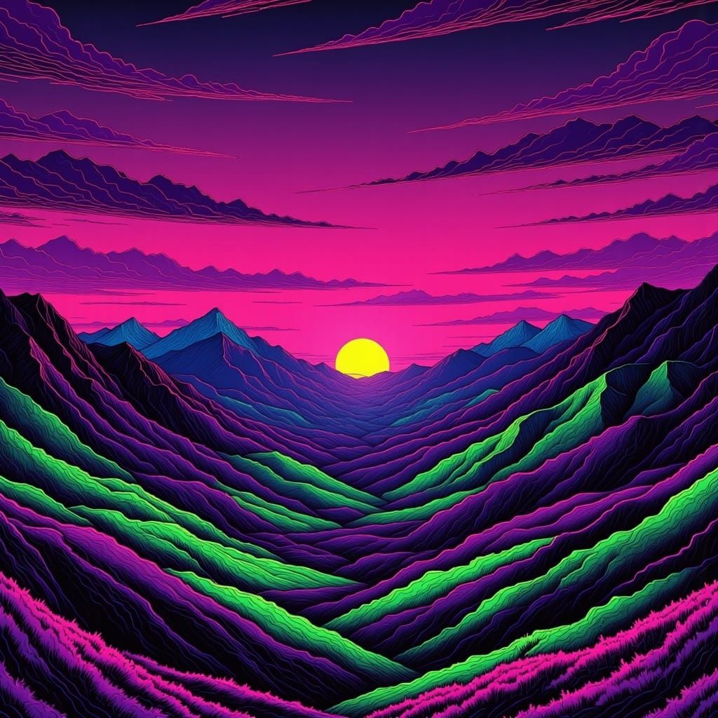 Sunset over mountains <lora:Nebula Nectar:1.0> Ultraviolet, sketch style, with intricate line work that emphasises the high contrast colour...