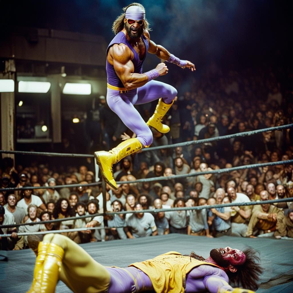 Reimagine this image by replacing the wrestler laying on the mat with a zombie in tattered clothing. The zombie on the mat should look like...