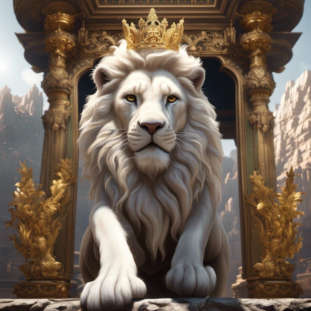The White Lion With Golden Crown Epic cinematic brilliant stunning intricate meticulously