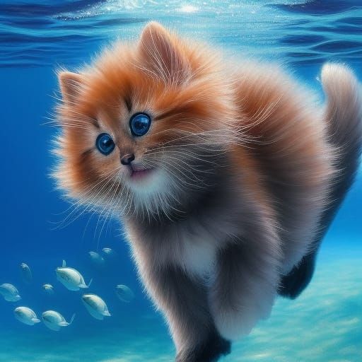 Fluffy underwater cat