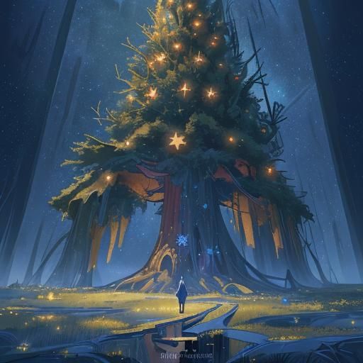 a super tall christmas tree reaching to the starry night