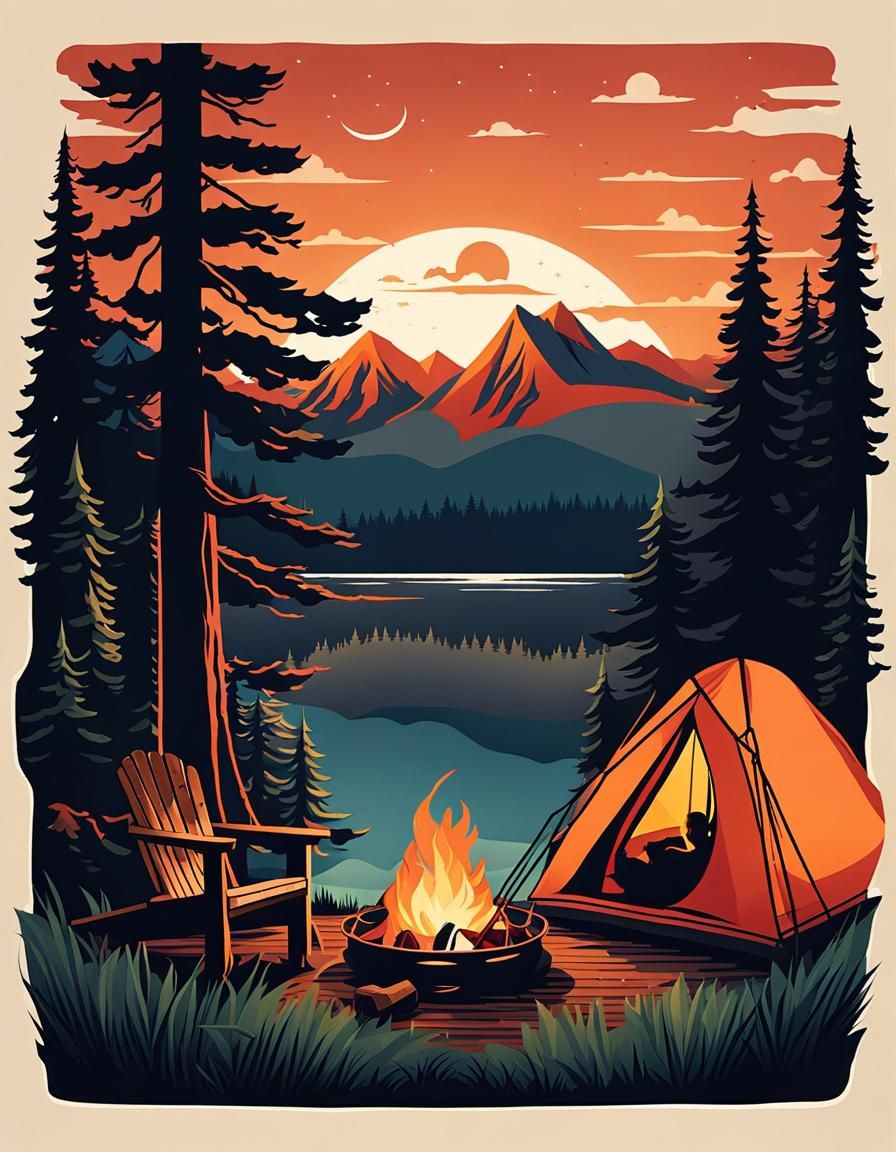 Calming illustrations featuring cozy campsites with tents, warm campfires, and beautiful scenery like ...  by @Mister Nooooo