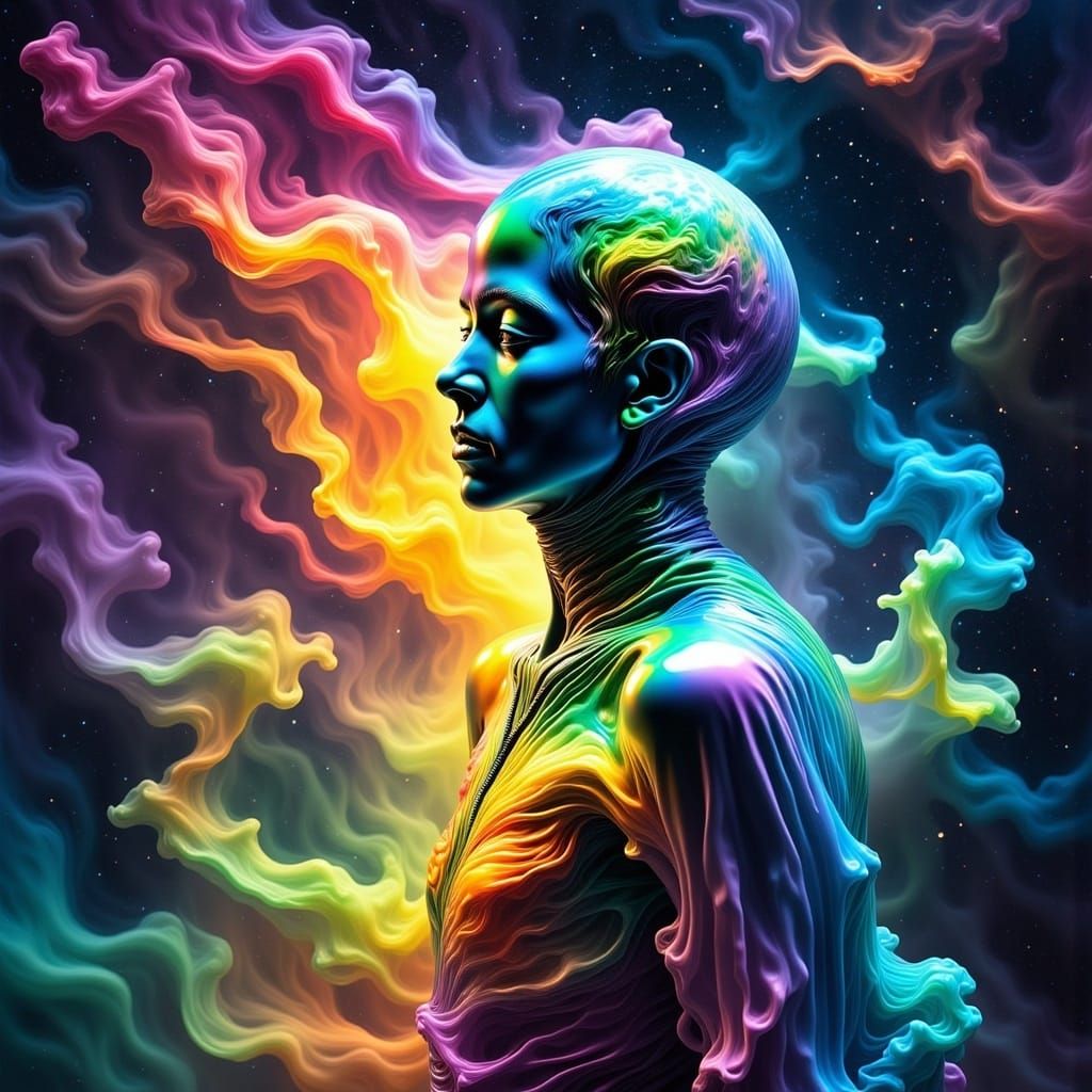 a surreal, dreamlike scene of a luminous, half planet earth, thorned by a zipper its rounded form subtly integrated into the curves of a fem...