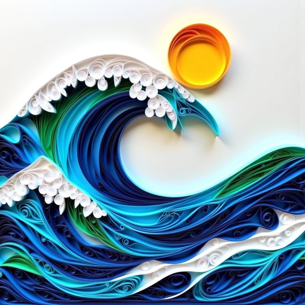  <lora:Quilling Flux:1.0> A rolling wave in the ocean, quilling