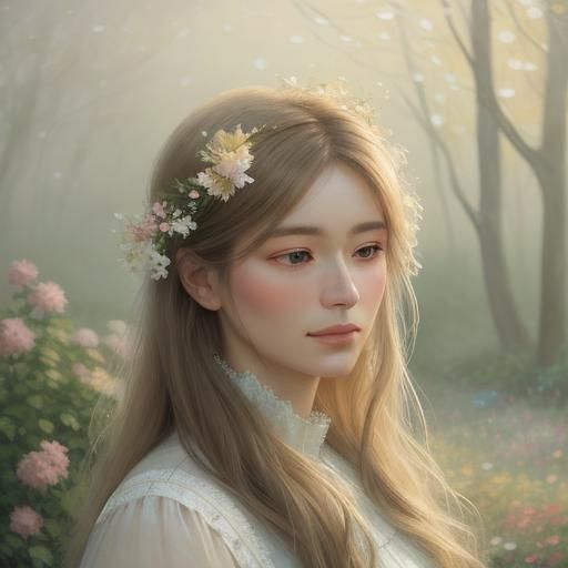 Impressionist Woman in Misty Garden, Soft Focus