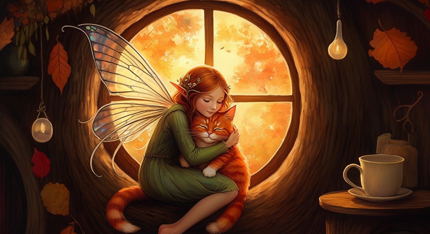 Fairy Hugs Cat in Treehouse at Sunrise