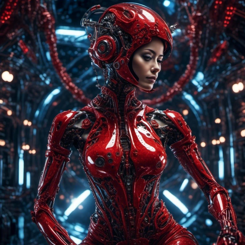 <lora:Futuristic Glamor:1.0> Voluptuous futuristic cyborg woman wearing red carbon fiber bodysuit working on satellite in space. Hyperrealis...