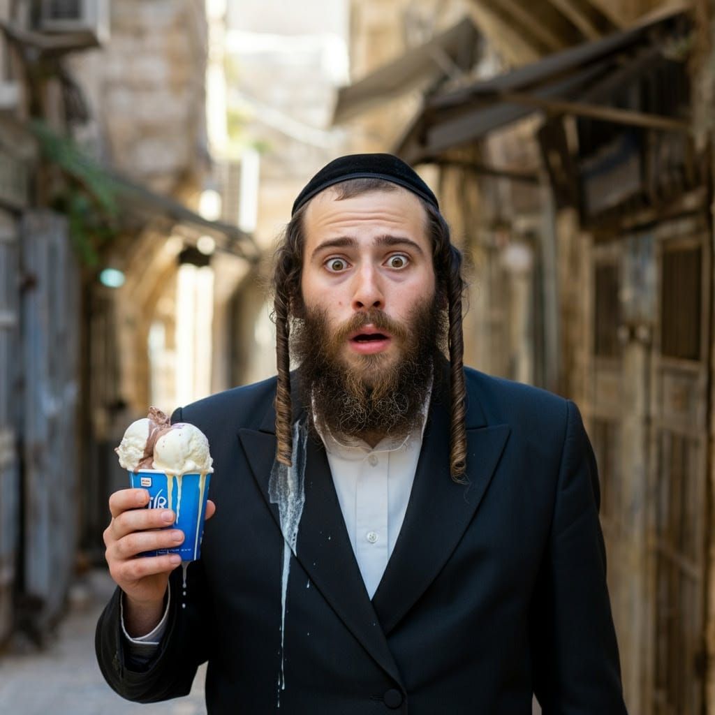 Distressed Hasidic Man with Melting Ice Cream in Jerusalem