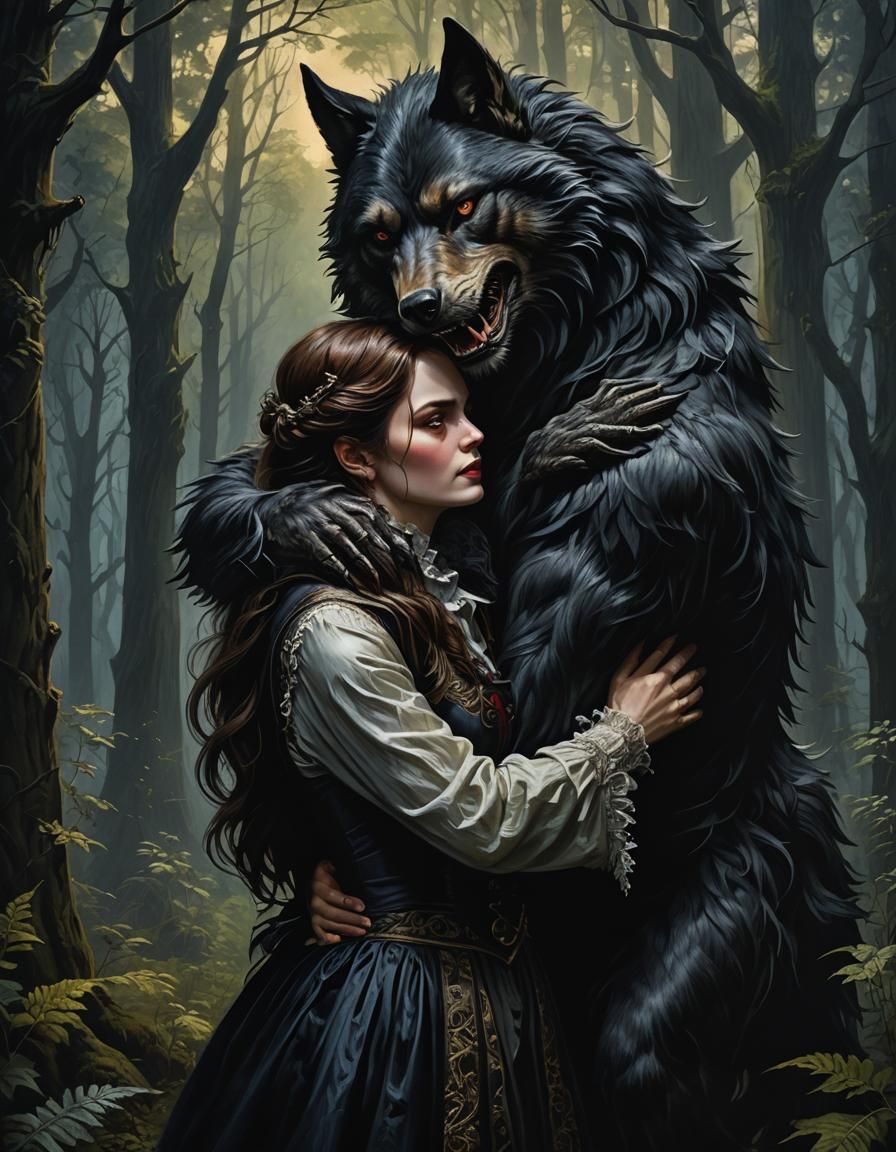 Victorian woman hugging a werewolf in a dark forest; gothic ...