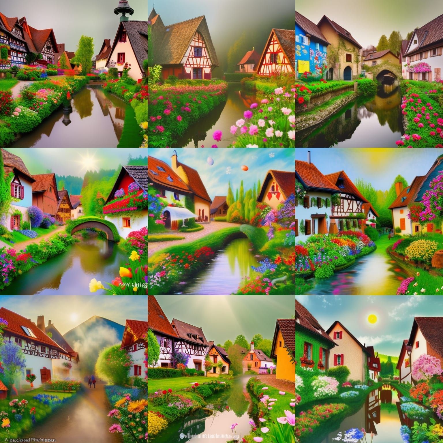 Alsatian village, traditional village, naïve style, naïve ar...
