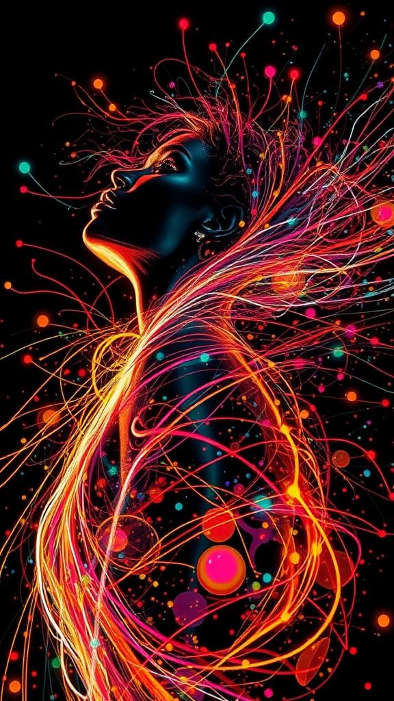 Dynamic Energy Portrait, Neon Lighting Woman In Motion, TERRACOTTA GLITCHCORE, kinetic BREEZE, Jackson Pollock pointillism, Wangechi Mutu...  by @LongmaRyu