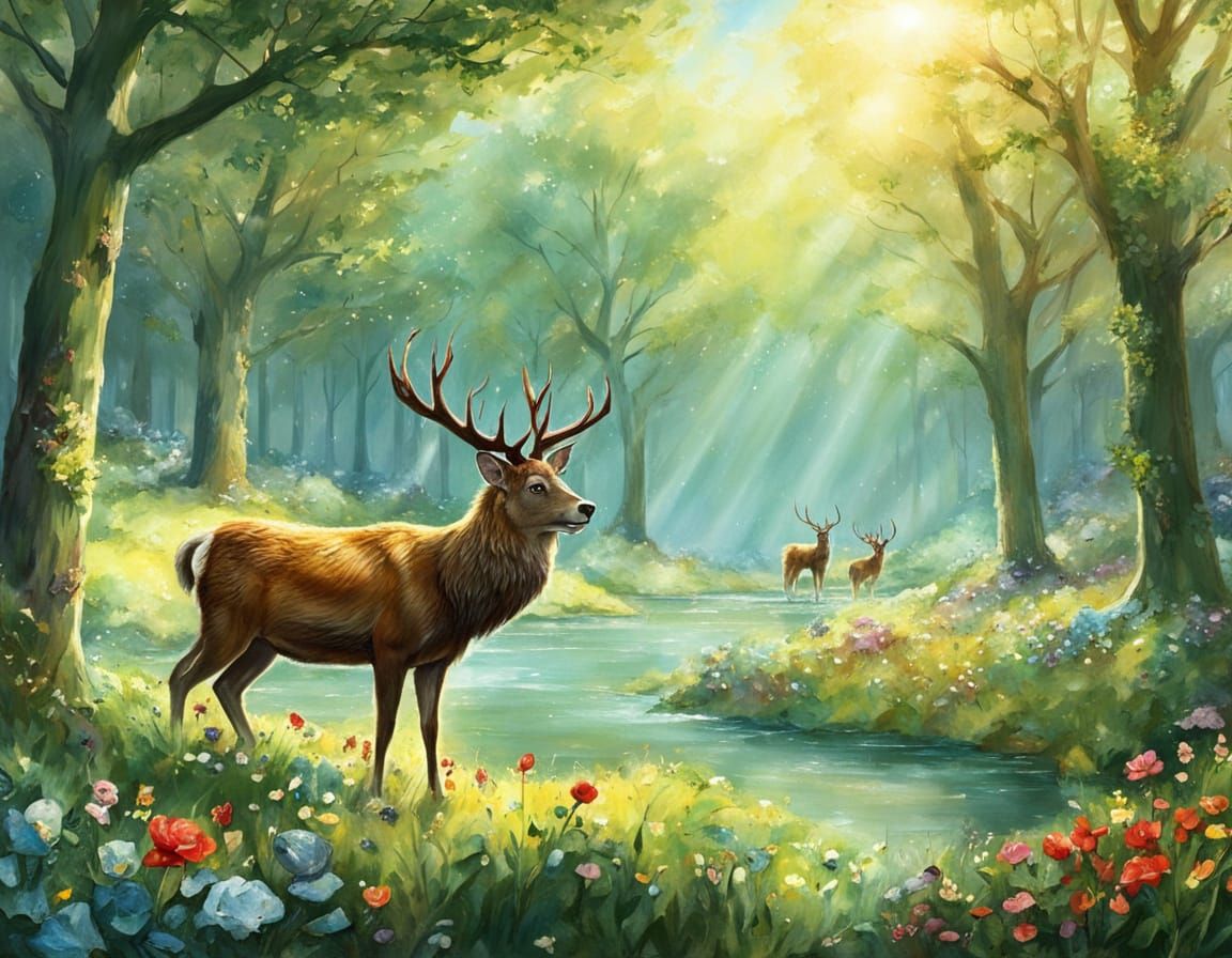 Serene Nature Landscape with Wildlife and Flowers