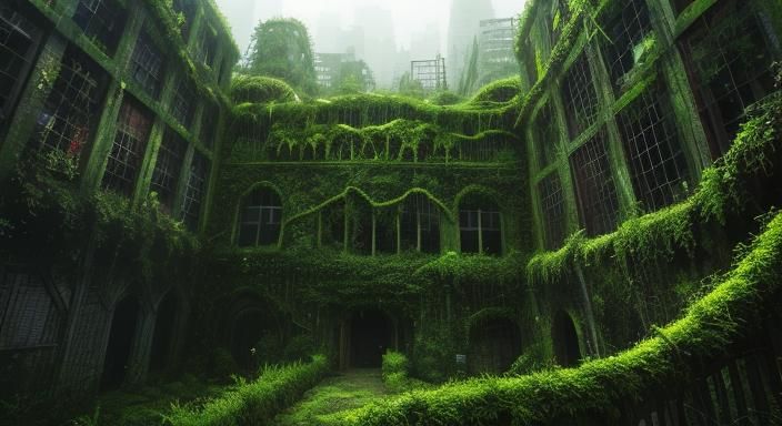 City covered in vines and moss