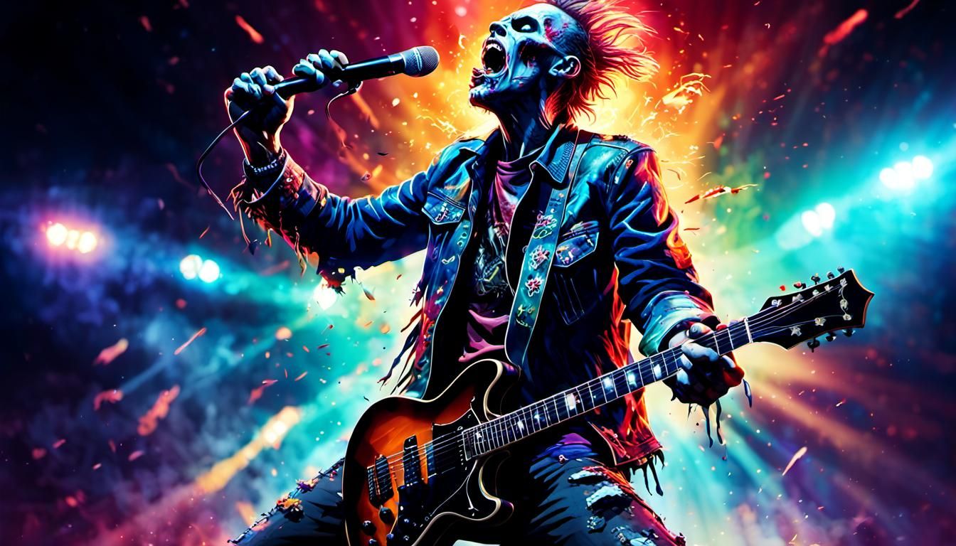 album cover illustration featuring zombie rock star in dynamic pose mid-shout, low angle, guitar in hand, under stage lights casting flares,...