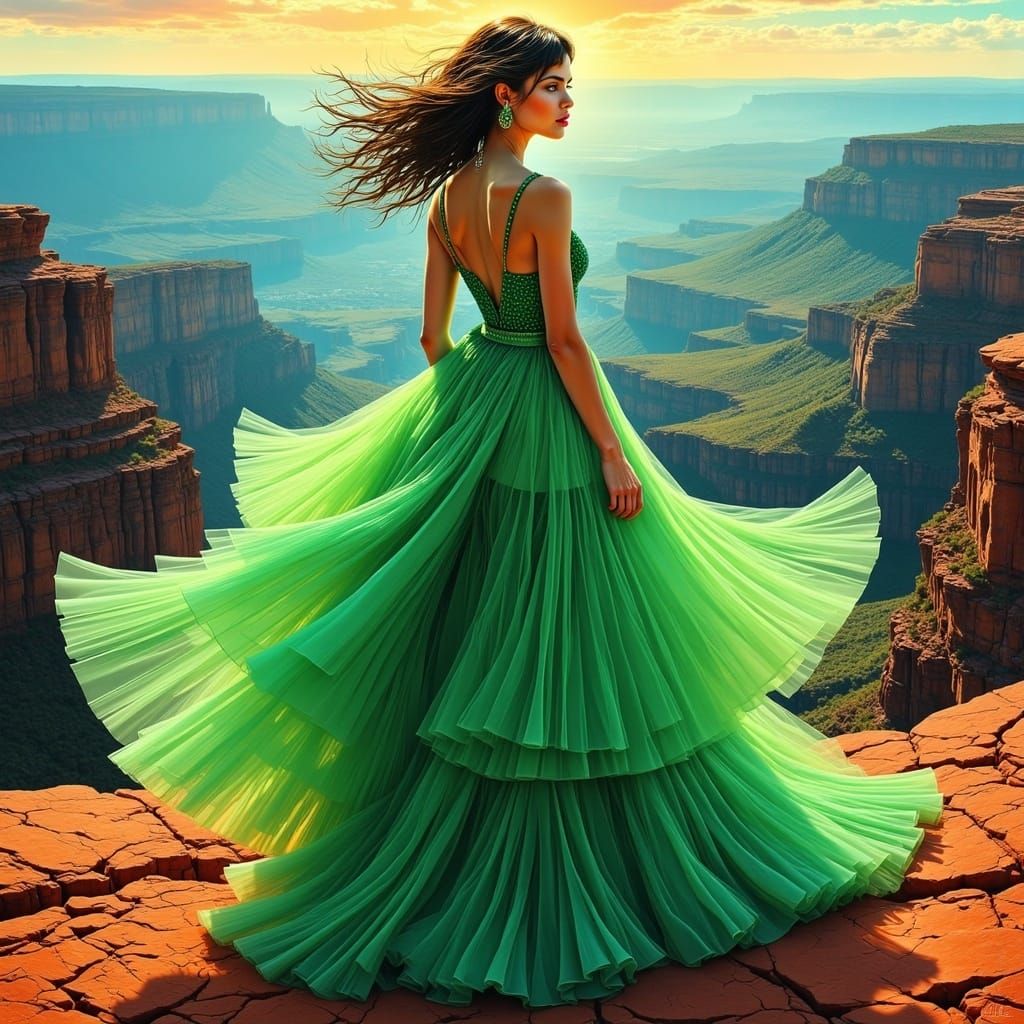 <lora:Bold:1.0> beautiful young woman standing, backlit on a red rock cliff top wearing bold shades of green with tangled hair, luxurious lu...