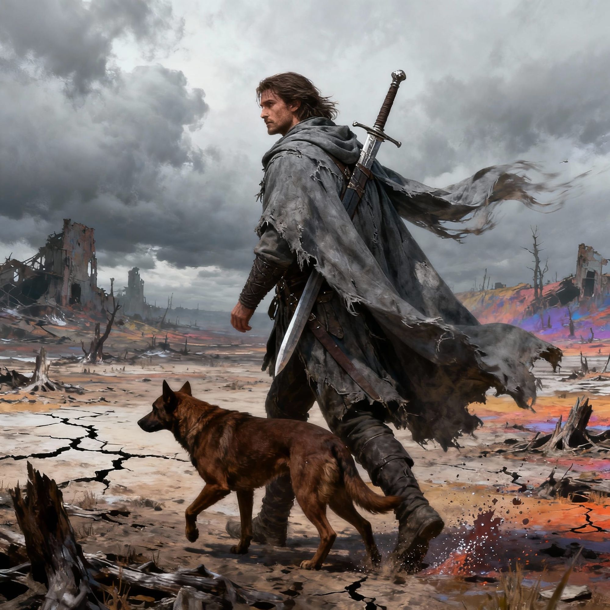 A lone wanderer in a tattered cloak walks across a dead, barren land, a sword strapped to his back. Beside him walks his loyal dog, silently...