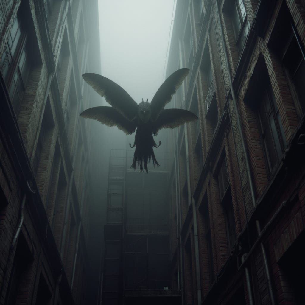 <lora:Cryptids:1.0> HD photography of a mothman-like figure crouched on a fire escape, wings shivering in tension, in a fog-choked alley of...
