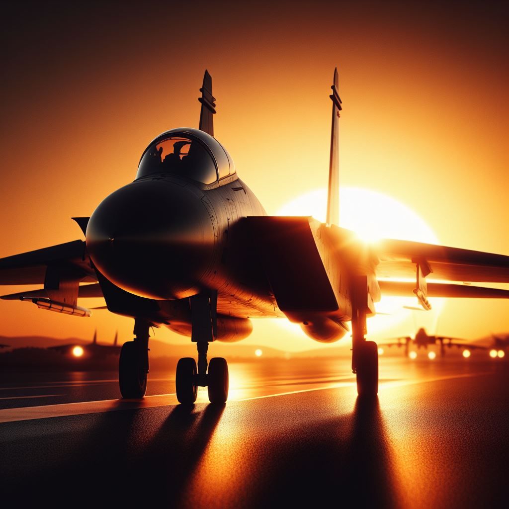 A sleek fighter jet is taking off into the sunset