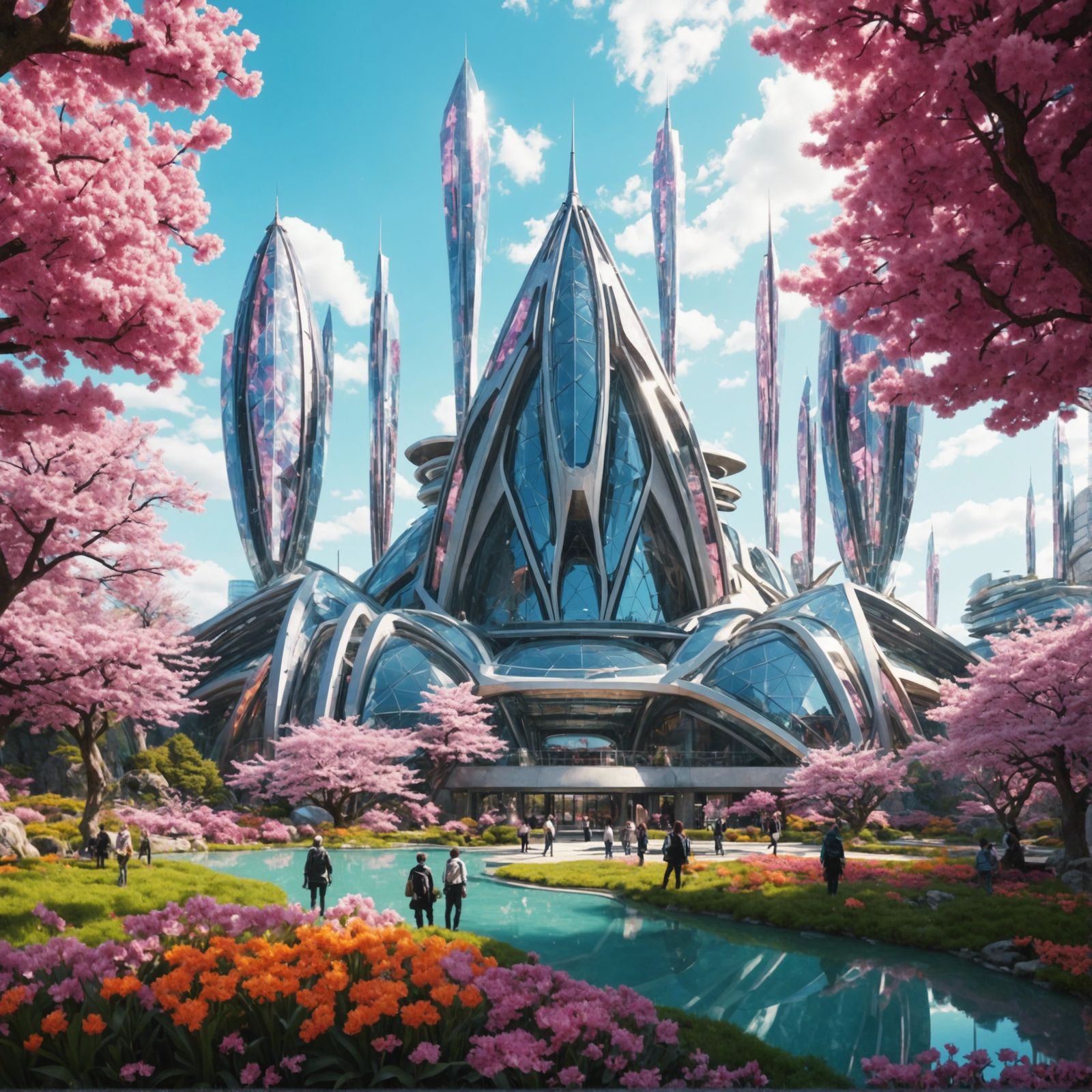 Solarpunk Japanese garden on a spring day