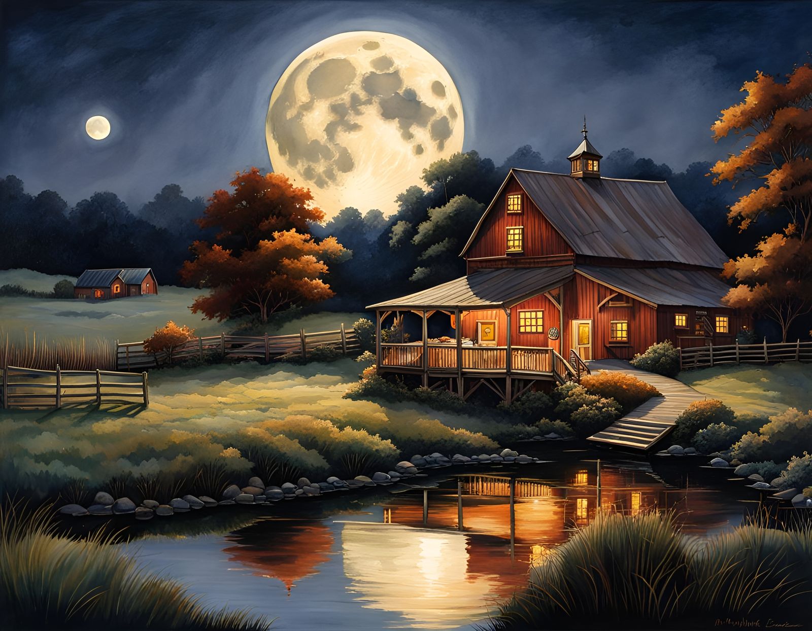 A super realistic full moon rising , barns, fences trees, a pond ...