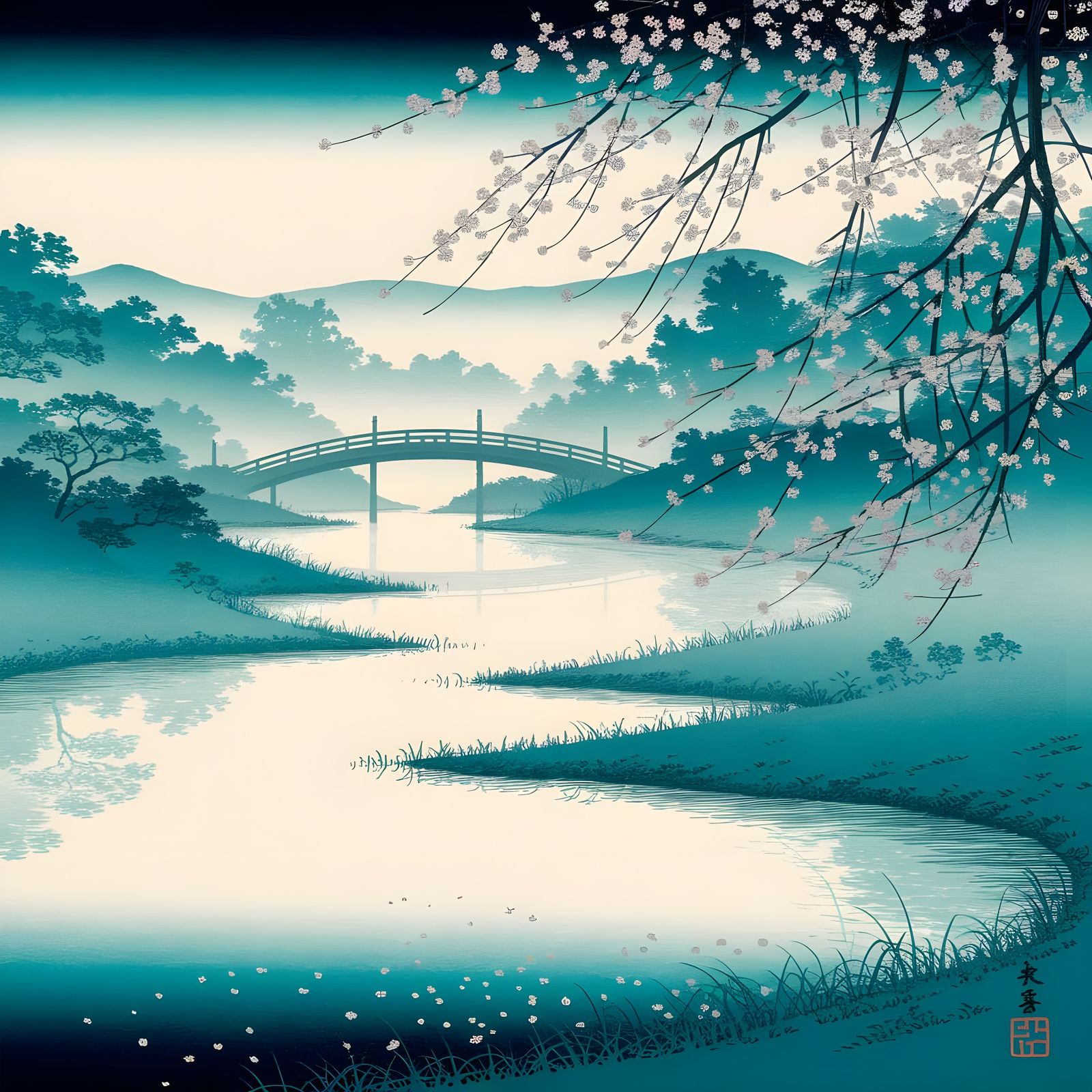 Turquoise woodblock print in the style of Utagawa Hiroshige  by @Strandberg